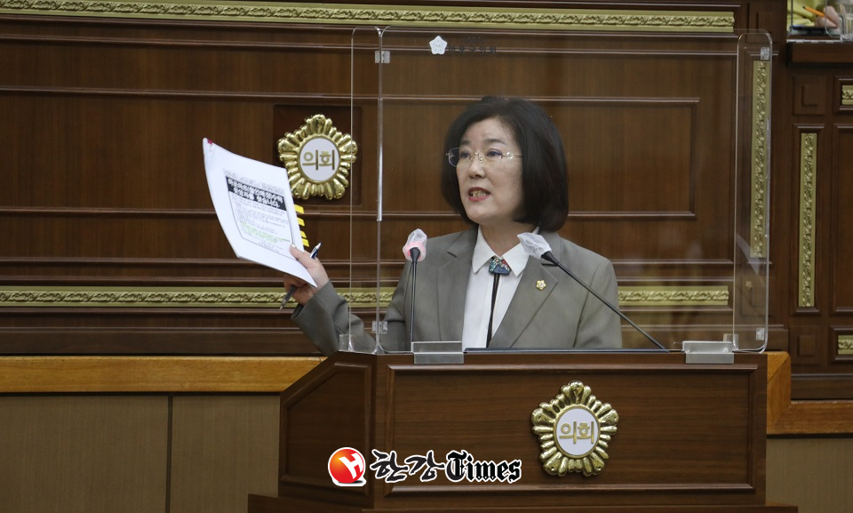마포구의회 강명숙 의원이 구정질문에 나서 공방을 벌이고 있다.