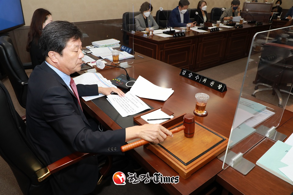 김승수 예결위원장이 예결위원들과 함께 마포구 추경안에 대해 심의하고 있다.
